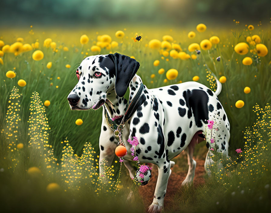 Spotted Dalmatian in yellow flower field with butterfly