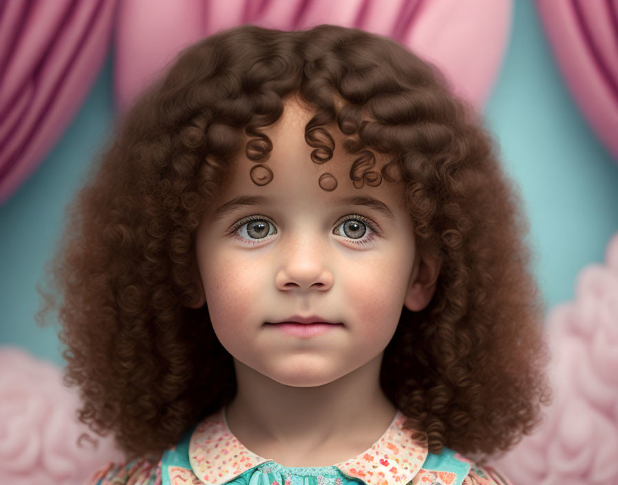 Young child with expressive eyes and curly hair in patterned outfit on pink and blue backdrop