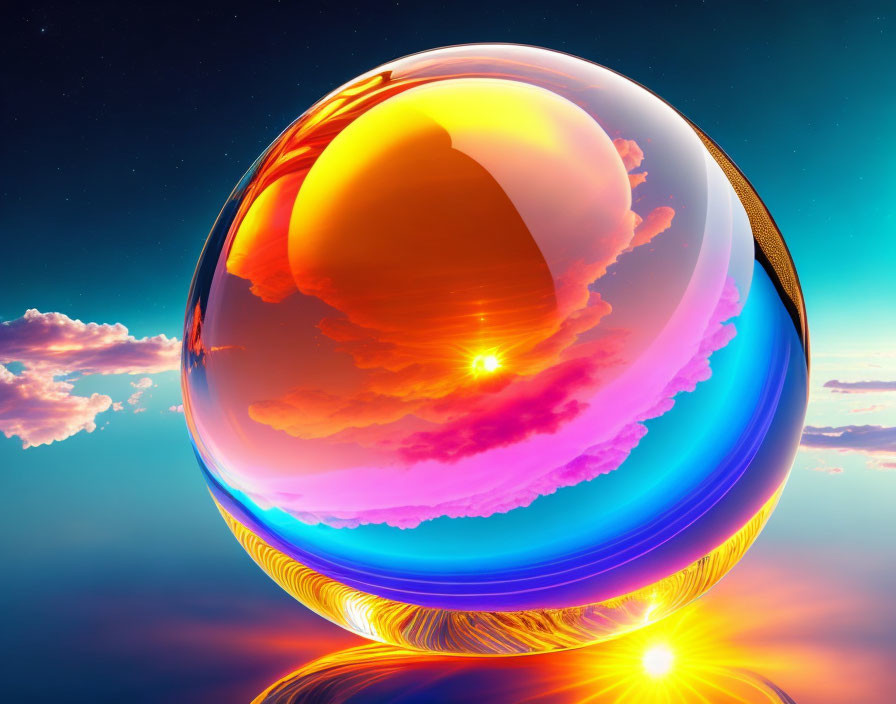 Colorful reflective bubble against vivid sunset sky with clouds