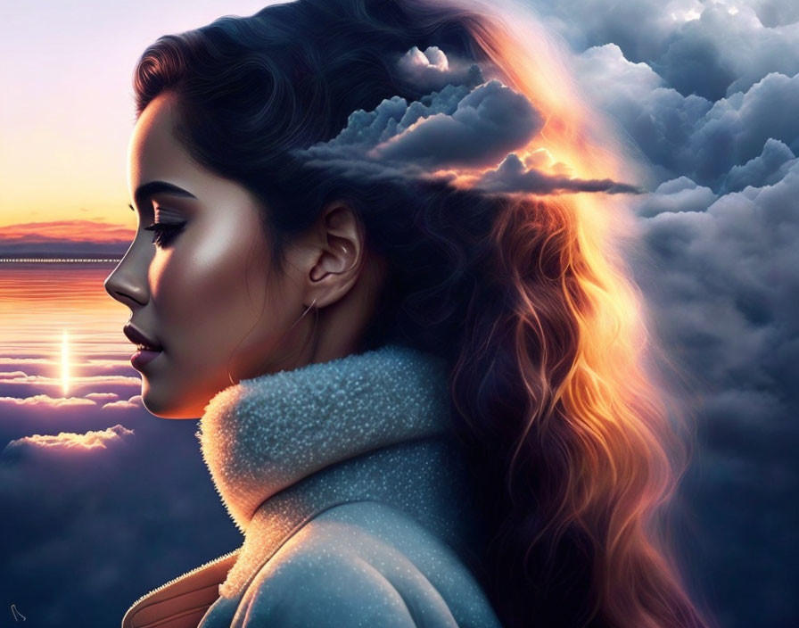 Profile portrait of a woman with sunset clouds and sky in her hair by tranquil water.