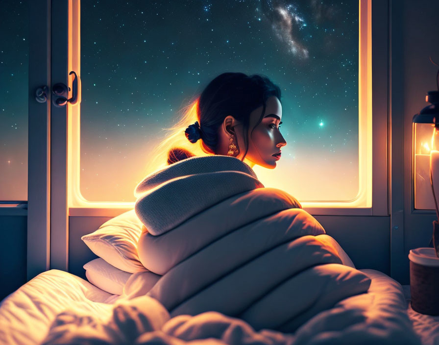 Woman admiring starry night sky from cozy room with warm light.