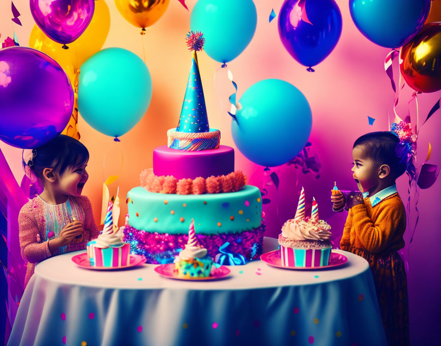 Children celebrating at a colorful birthday party with cake, balloons, decorations, and cupcakes.