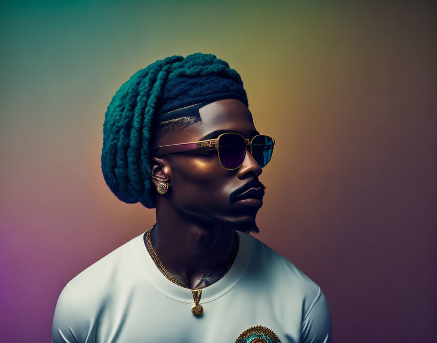 Blue dreadlocks man with sunglasses and gold accessories on gradient backdrop