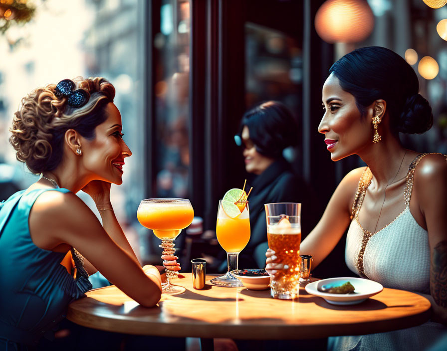 Elegantly dressed women chatting over cocktails at outdoor cafe