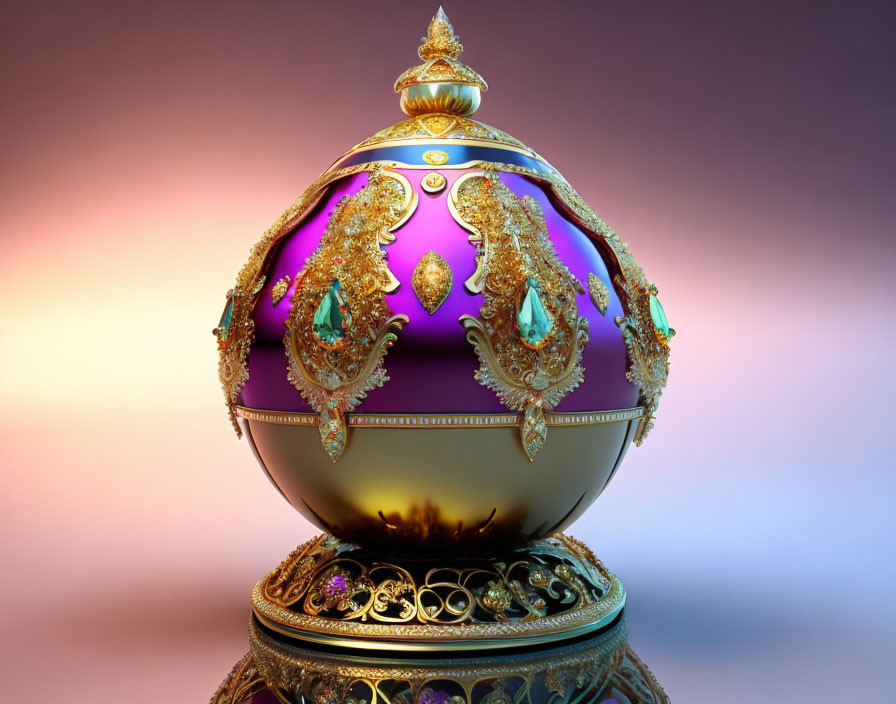 Golden filigree adorned spherical object on pink and purple gradient background