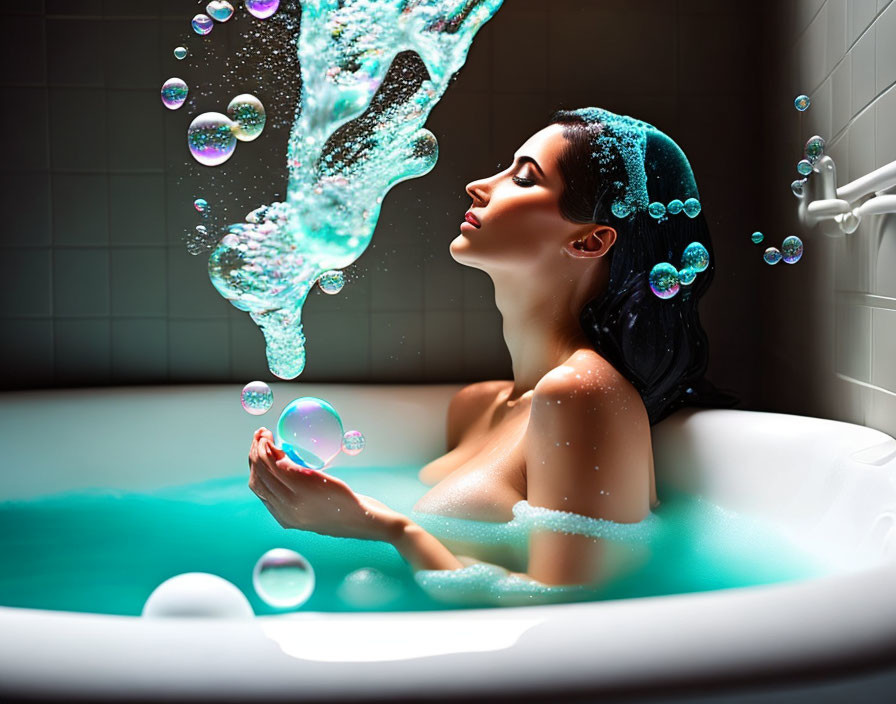 Woman relaxing in bathtub with iridescent bubbles and soft light