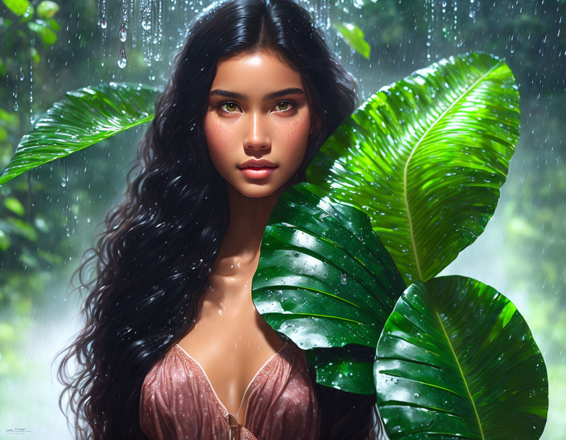 Long-haired woman in lush green setting with water droplets - tropical serenity