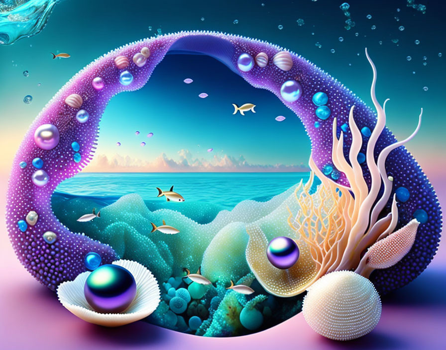 Marine Fantasy Scene with Shell Frame, Coral, Fish, Pearls, and Jellyfish