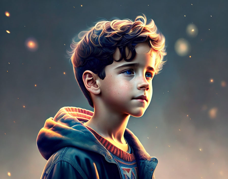 Young boy with curly hair in hoodie gazes against bokeh background