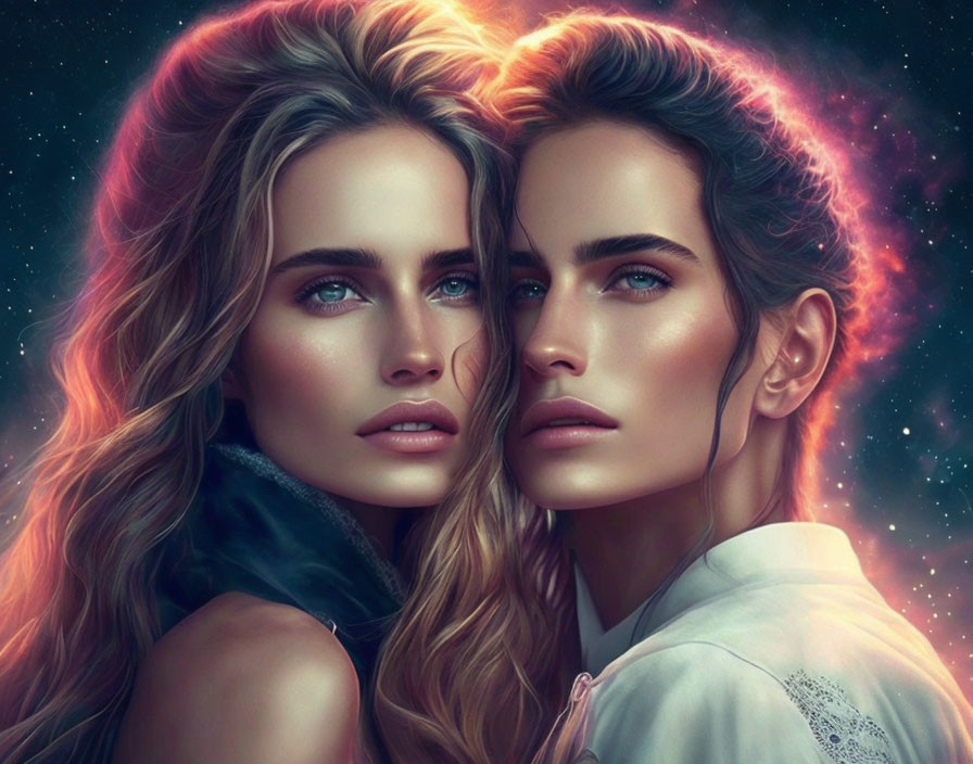 Two women with blue eyes and wavy hair in cosmic setting