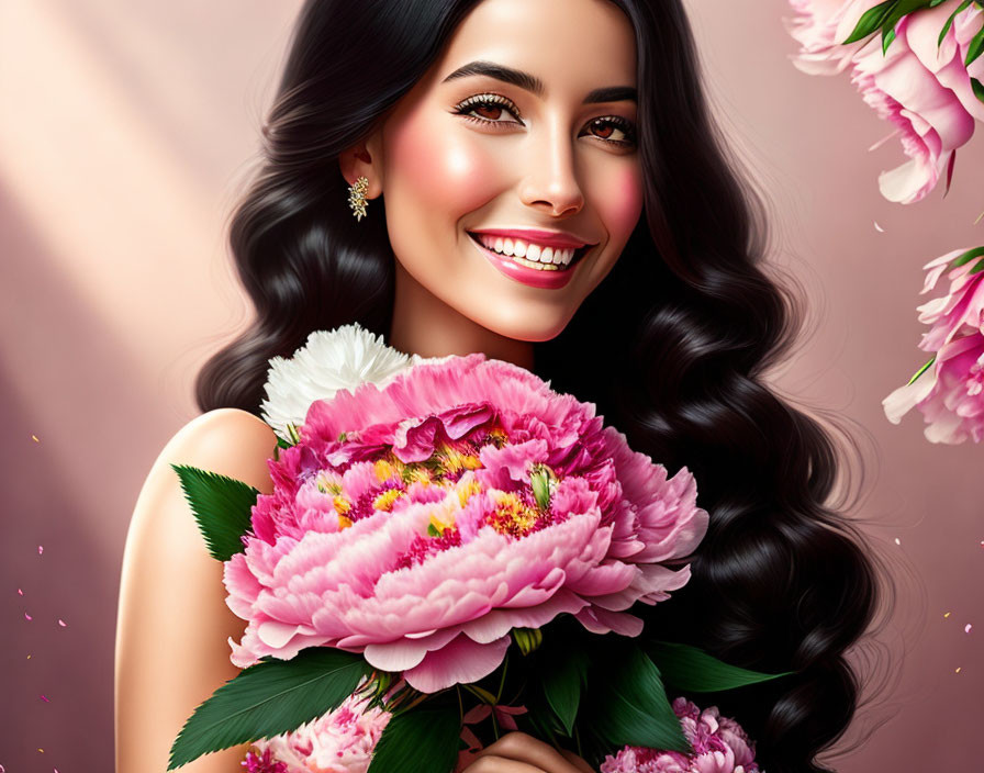 Illustrated Woman with Dark Wavy Hair Holding Colorful Peony Bouquet