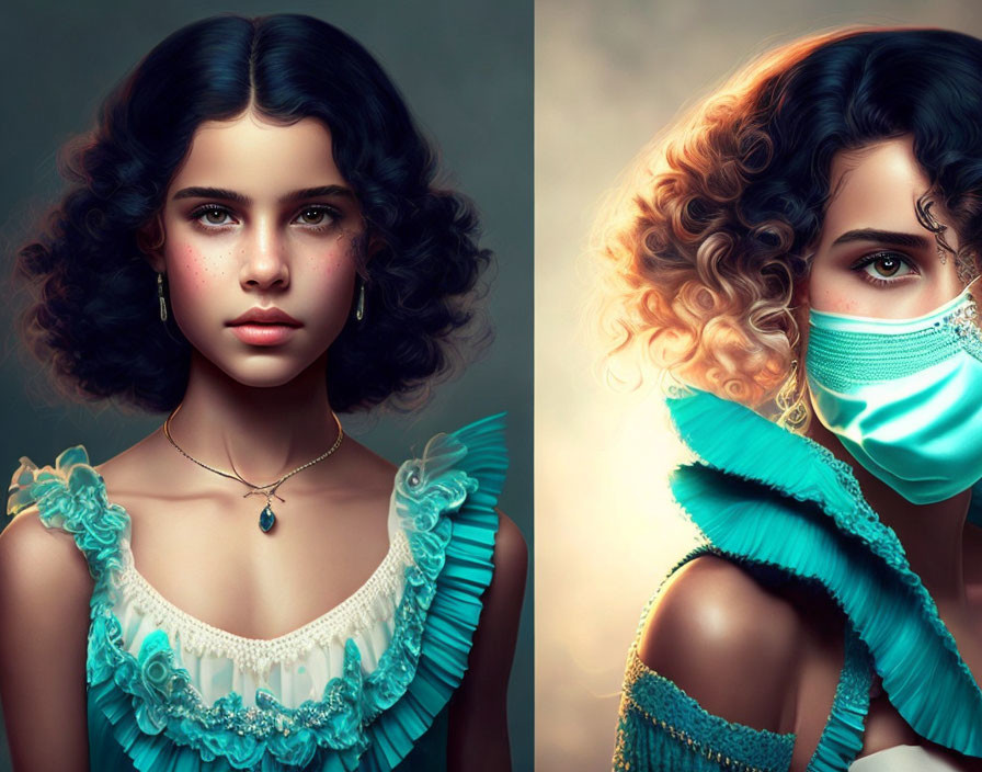 Split Image: Girl with Dark Curly Hair vs. Girl with Turquoise Mask in Blue Outfit