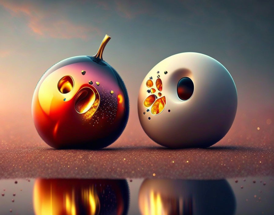 Spherical Peach and Bowling Ball Faces on Reflective Surface