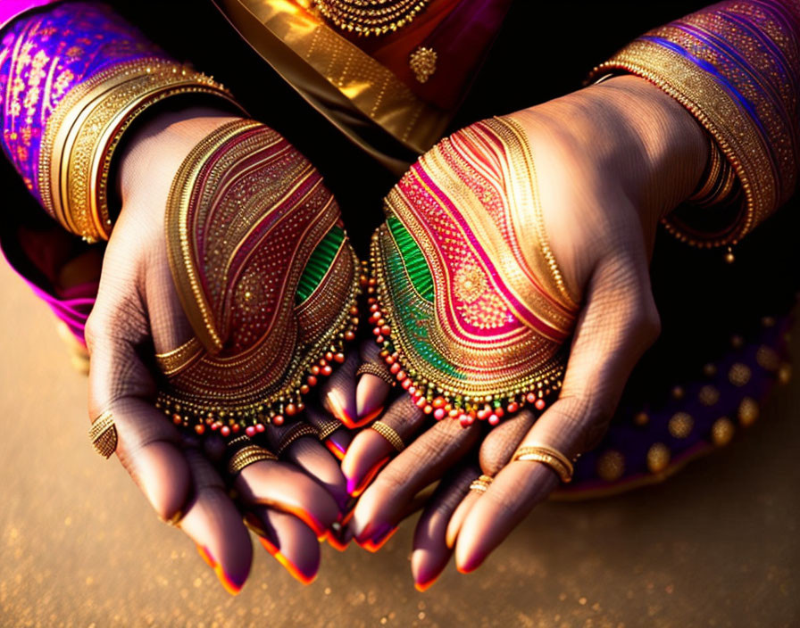 Colorful bangles and henna designs on female hands against golden backdrop