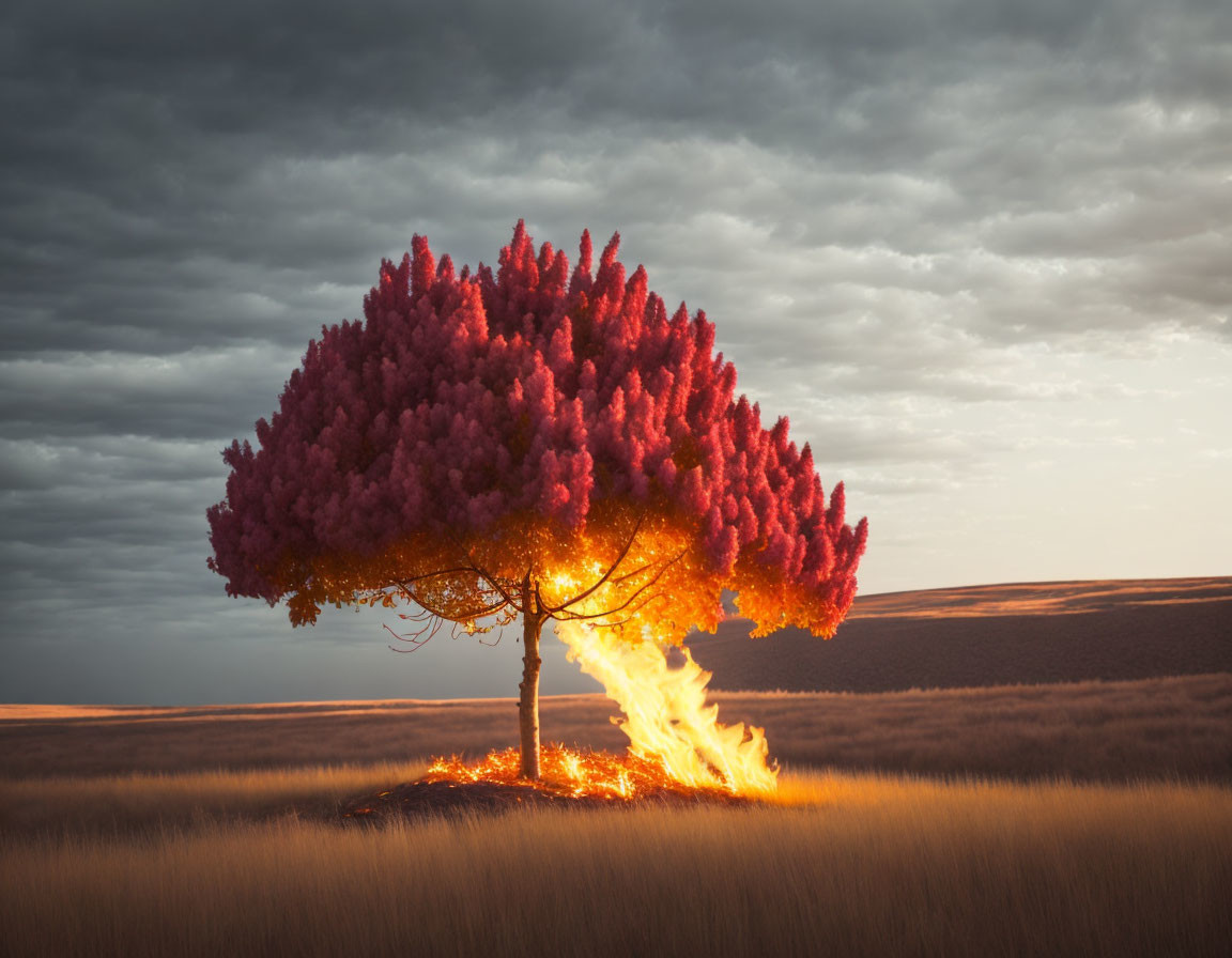 Vibrant pink foliage tree against dramatic sky and golden field