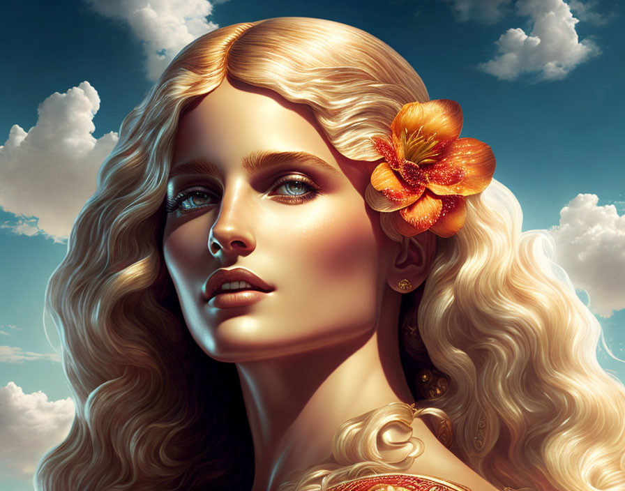 Digital Painting: Woman with Blonde Hair and Flower, Golden Shoulder Jewelry, Sky Background