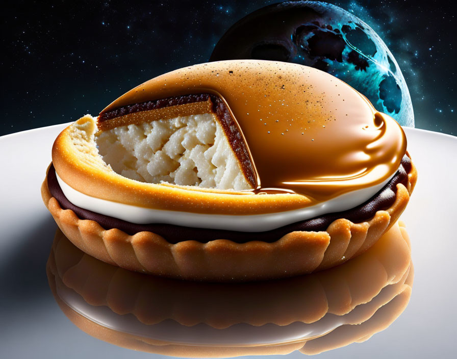 Layered Dessert with Caramel Topping Against Space Backdrop