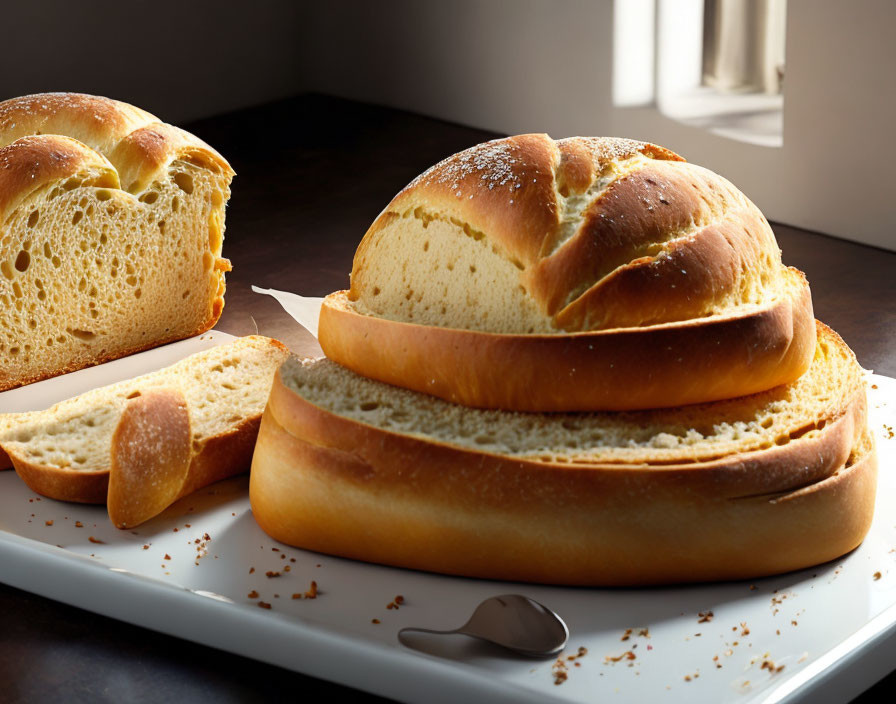 Freshly Baked Bread Loaf with Golden Crust on White Plate