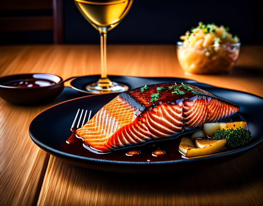 Glazed Salmon Fillet with Lemon Slices and White Wine