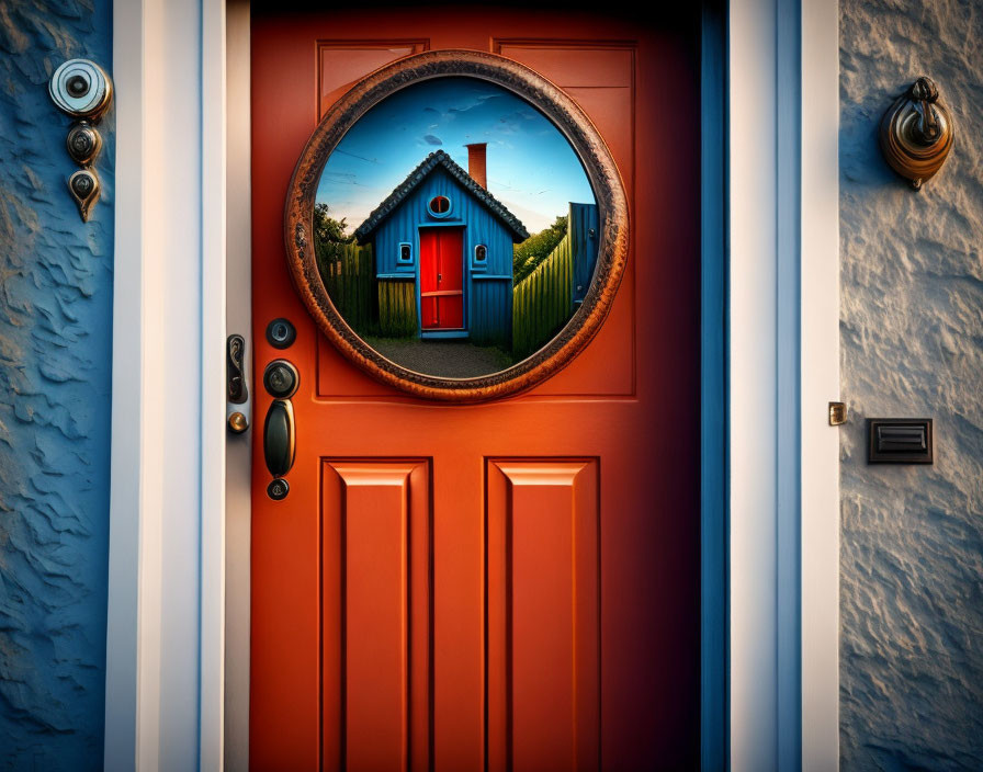 Vivid red door with circular window on blue house in field