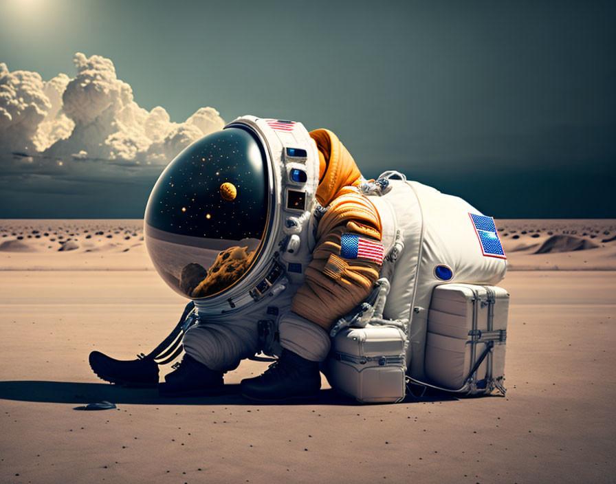 Astronaut in spacesuit sits on suitcase in sandy terrain with dramatic clouds.