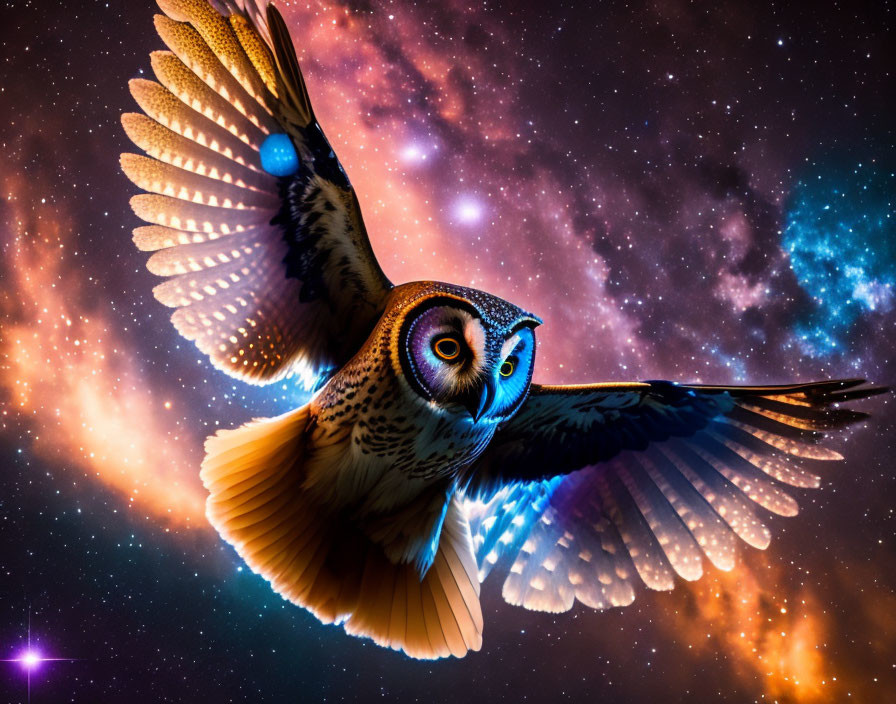 Majestic owl soaring amidst colorful cosmic stars and nebulae