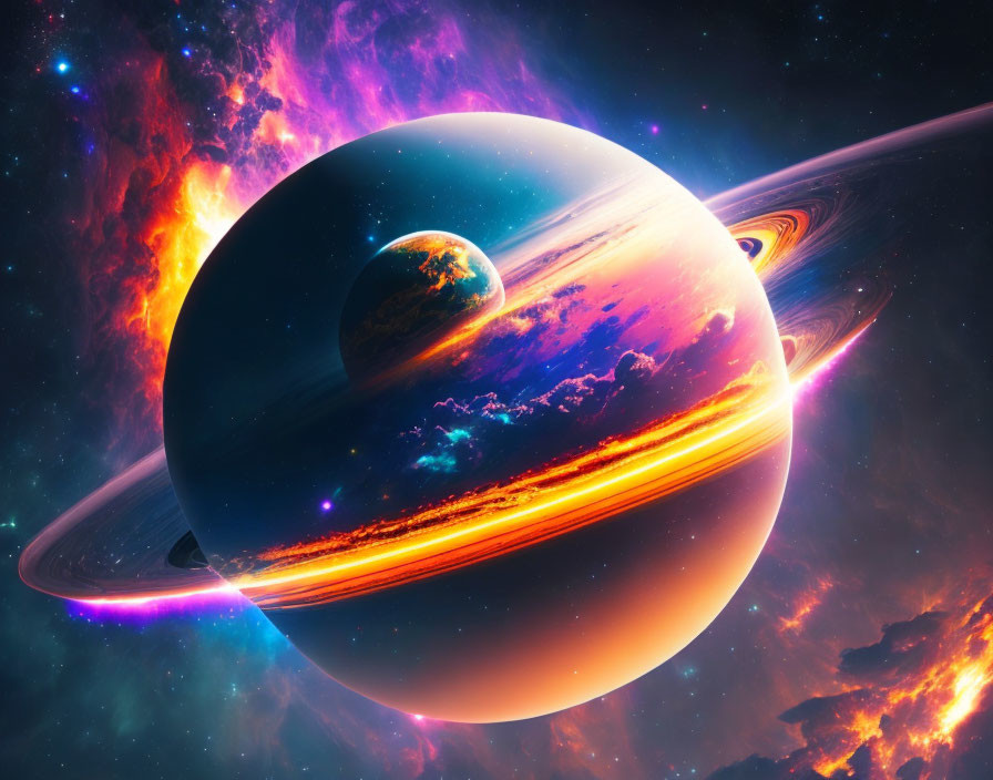 Colorful space scene with ringed planet, terrestrial planet, galaxy, and nebulous clouds.