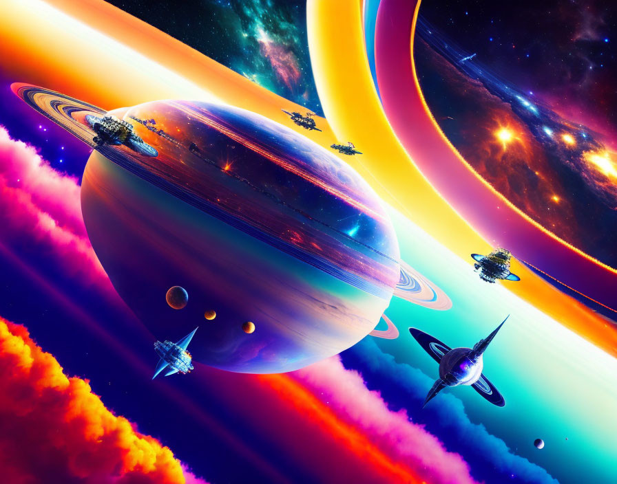 Colorful starships orbiting vibrant planet in cosmic space scene