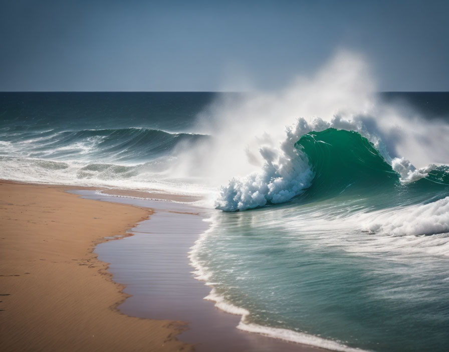 Cresting Wave on Sunny Beach with Smooth Sand