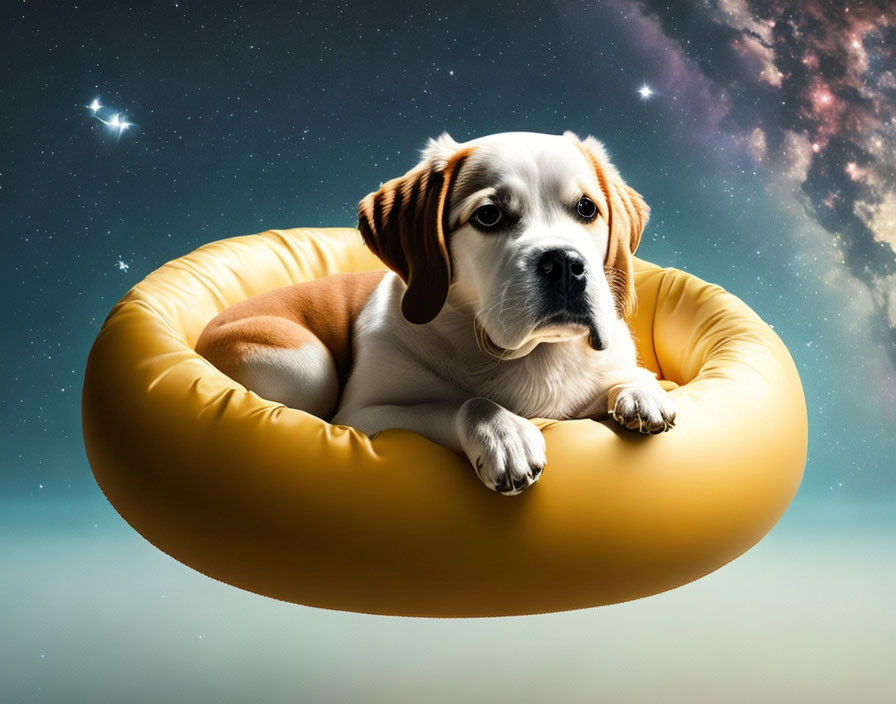 Adorable Dog on Inflatable Ring in Space Scene