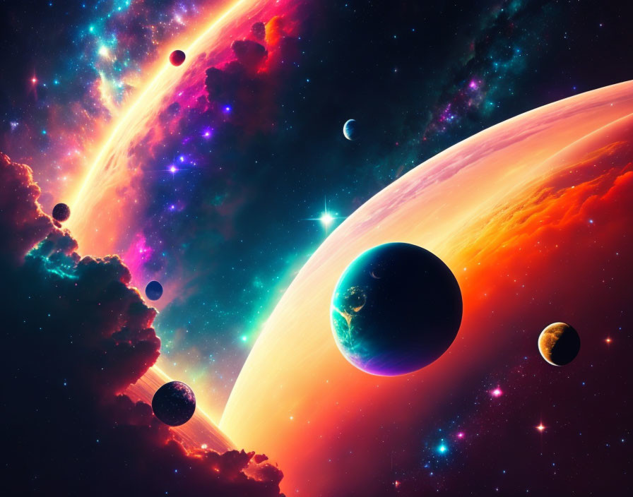 Colorful Cosmic Scene with Planets, Stars, and Nebulas