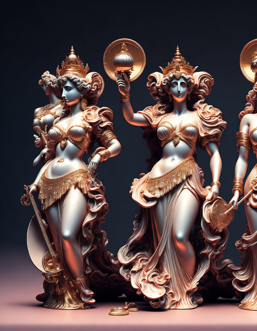 Golden statues of feminine figures with intricate details and ornate accessories on a subtle backdrop