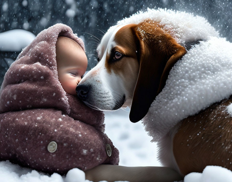 Beagle dog snuggles baby in purple blanket in snowy scene