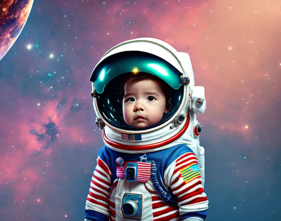 Toddler in astronaut suit against cosmic backdrop with stars & planet