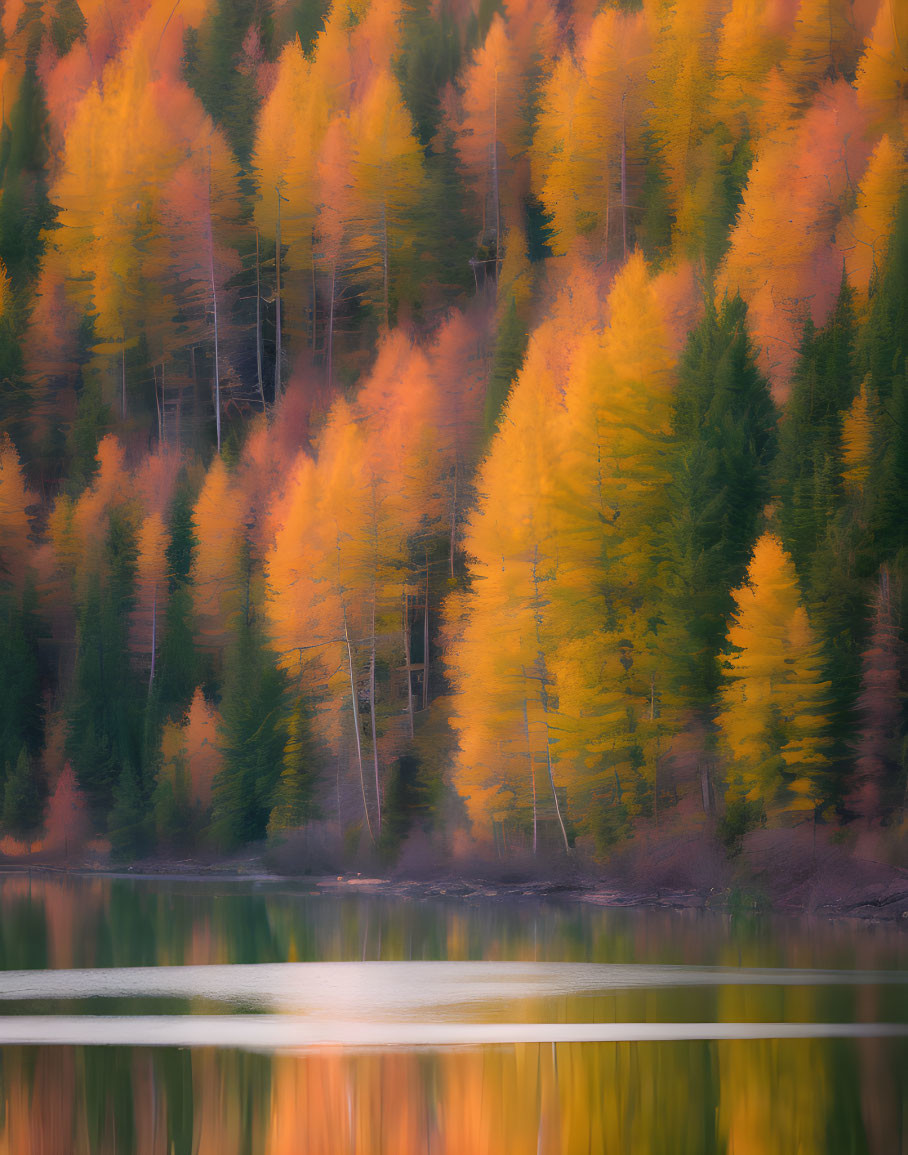 Vibrant autumn forest and lake reflection at golden hour