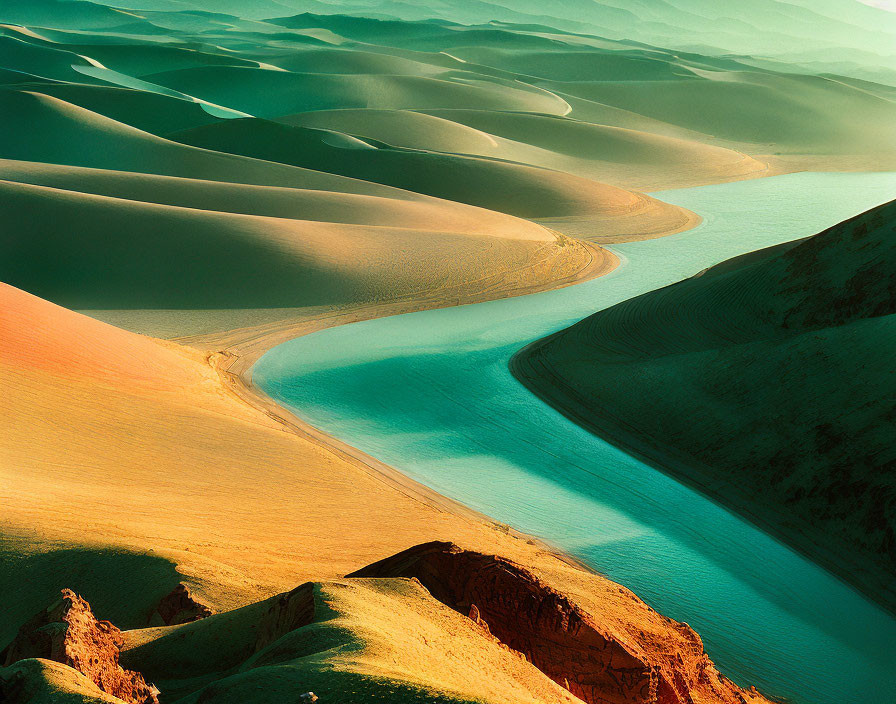 Serpentine turquoise river in rippling sand dunes under warm light