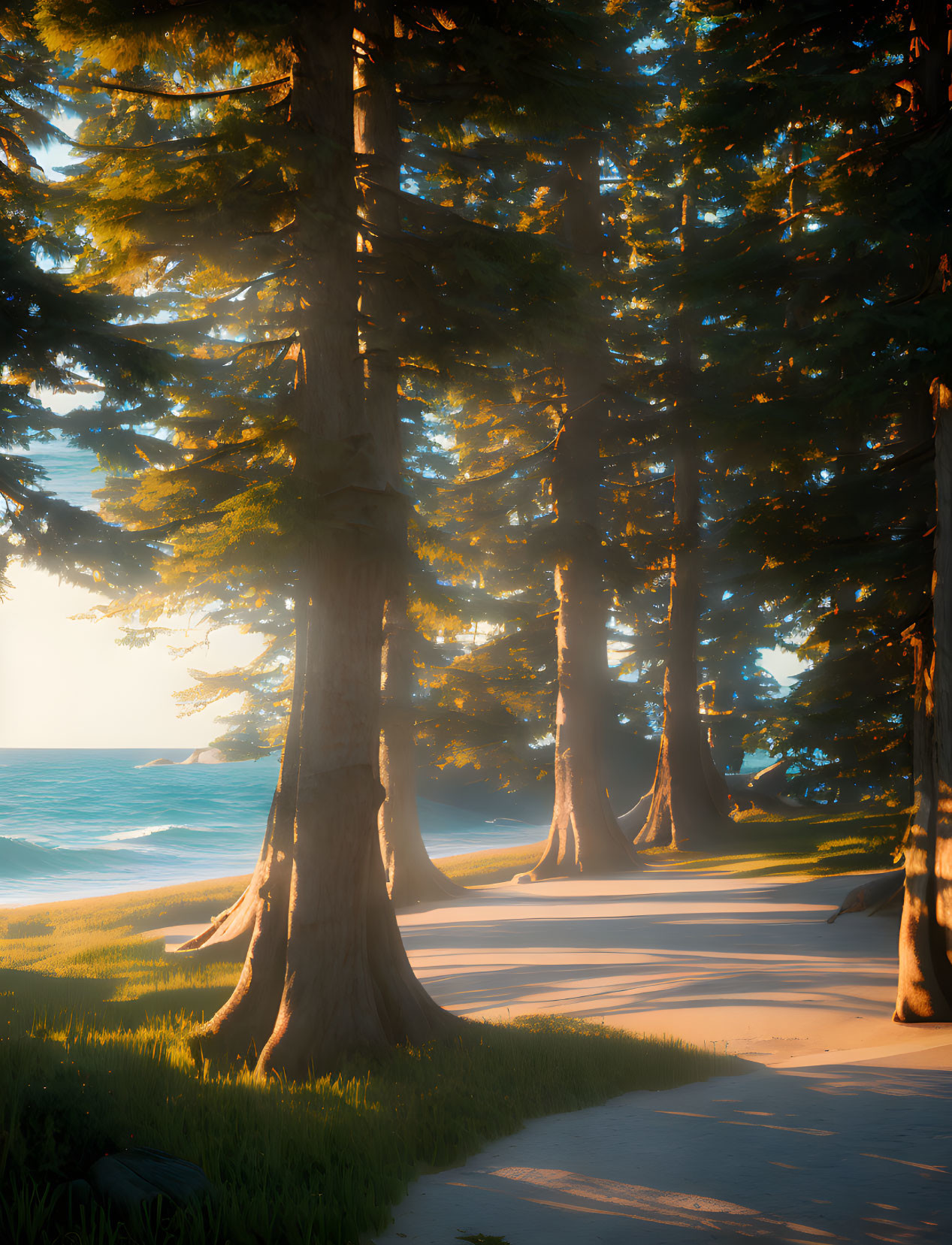 Tranquil Forest Landscape with Tall Trees and Ocean View