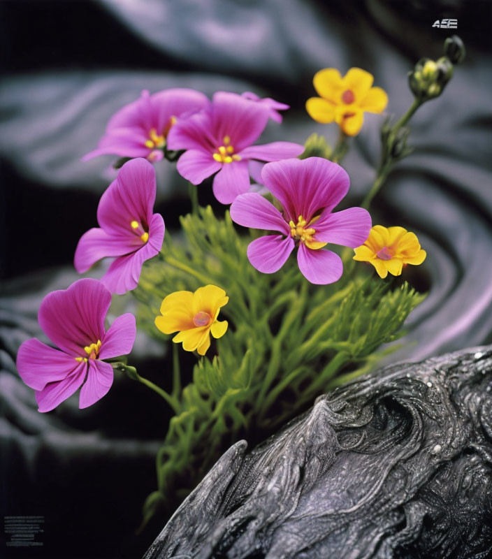 Purple and Yellow Five-Petal Flowers on Swirling Dark Wooden Background