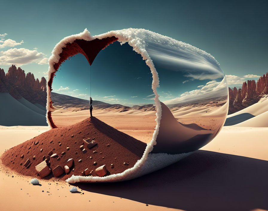 Surreal landscape with heart-shaped structure and solitary figure in red rock setting