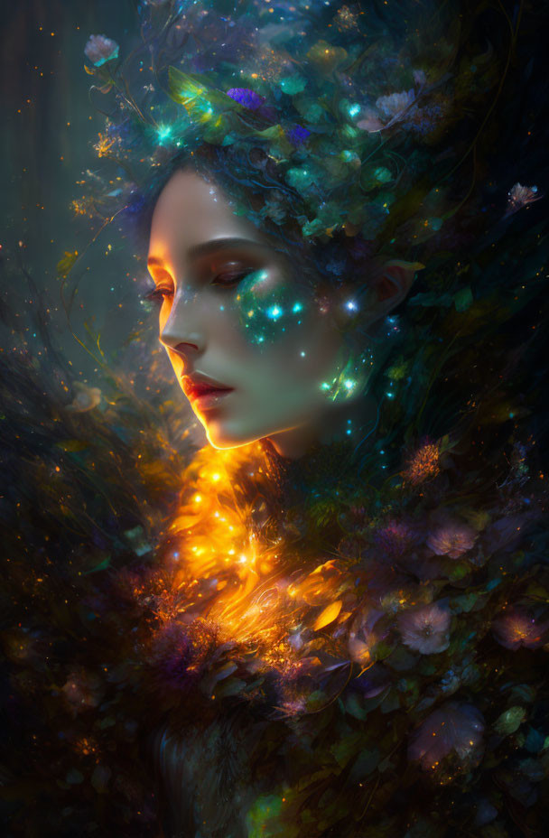 Fantasy woman with star-like freckles in mystical setting