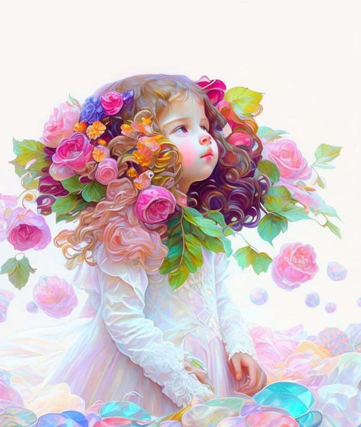 Child with Floral Wreath Surrounded by Flowers and Bubbles in Pastel Tone