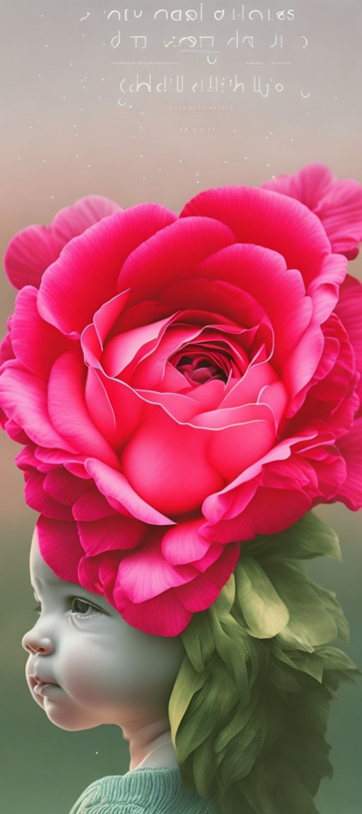 Child's head merges with pink rose on bokeh background with Arabic script.