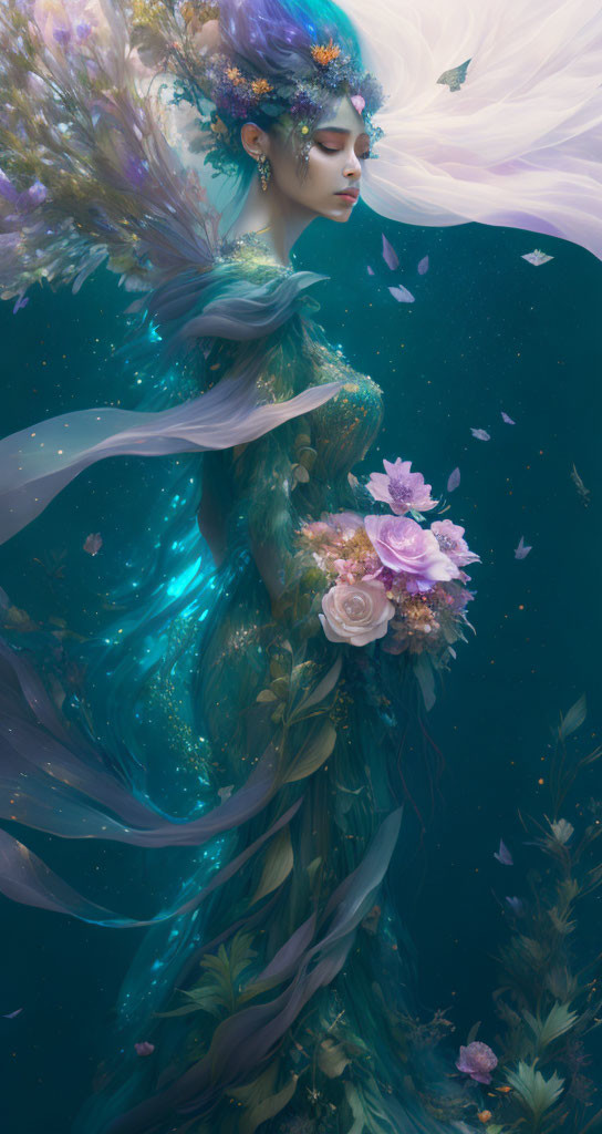 Woman adorned with flowers and vines in underwater setting