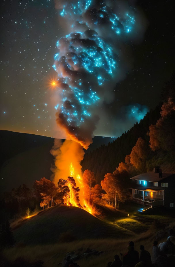 Spectators watching fiery rocket launch at night