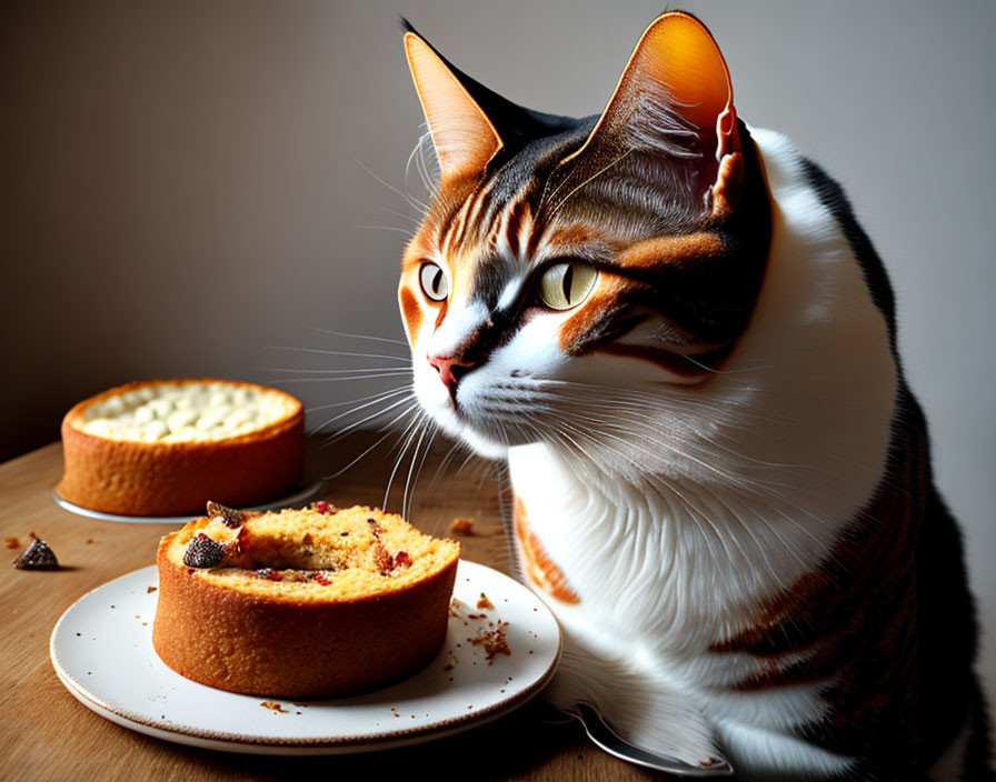 Cat with unique markings next to half-eaten cake, eyes fixed off-camera