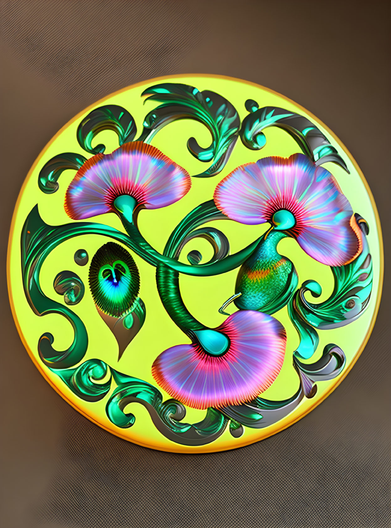 Colorful Peacock and Floral Design Plate on Textured Brown Background