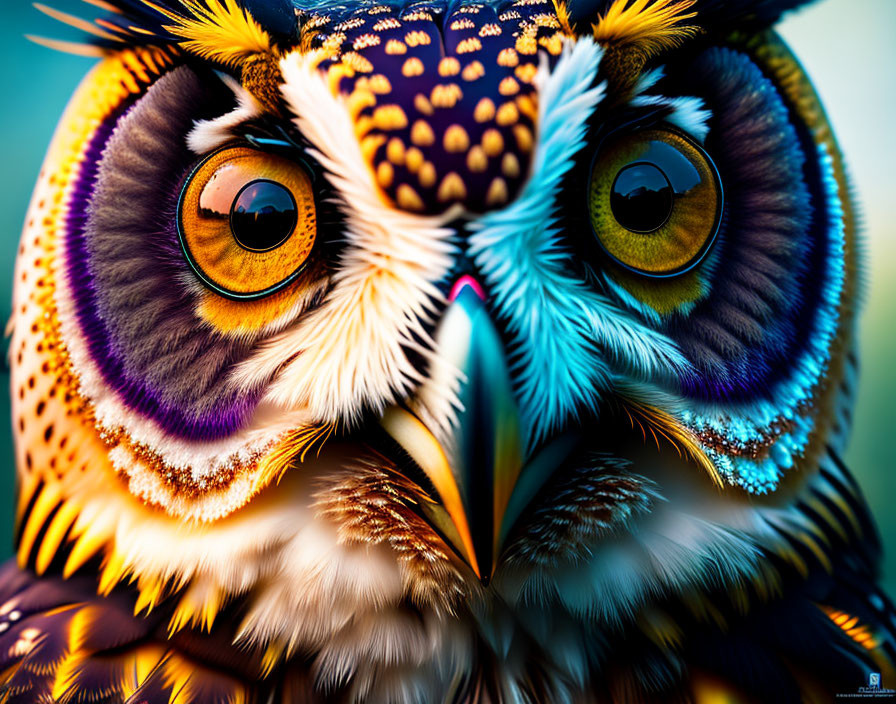 Vividly Colored Stylized Owl with Detailed Feathers and Expressive Eyes