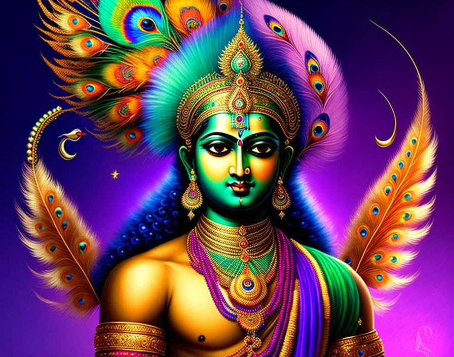 Colorful Lord Krishna illustration with peacock feather crown on purple backdrop