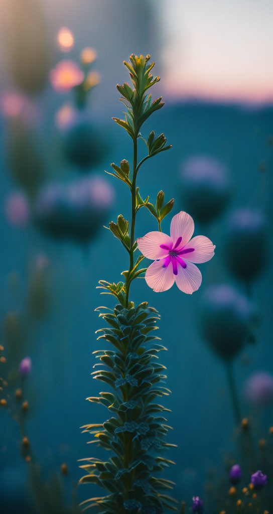 Pink flower on tall stem against blurred blue background at dusk