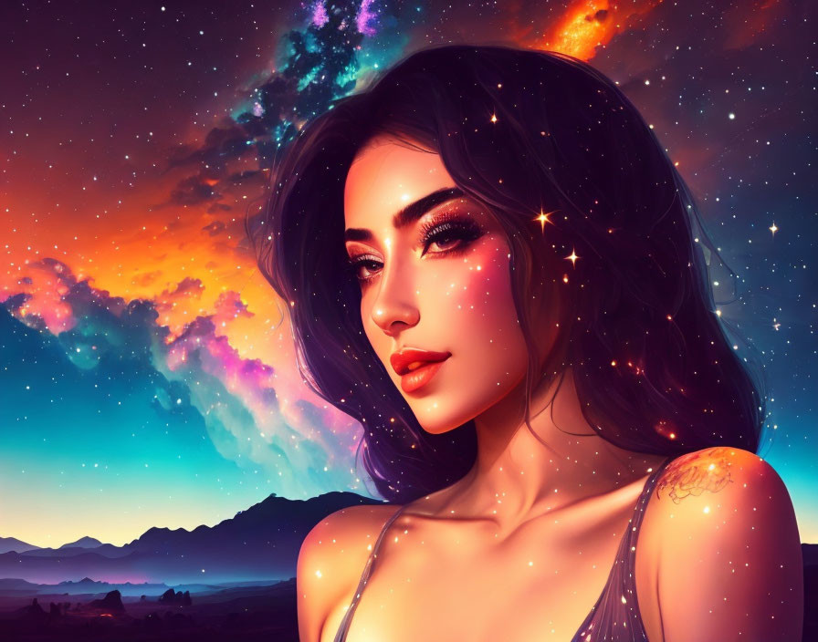 Digital art portrait of woman with cosmic elements in vibrant sunset sky